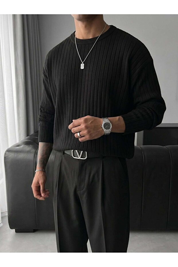 Men's Premium Drop Shoulder Ribbed Knit Sweater - Crew Neck Relaxed Fit Vertical Striped Knit Sweater