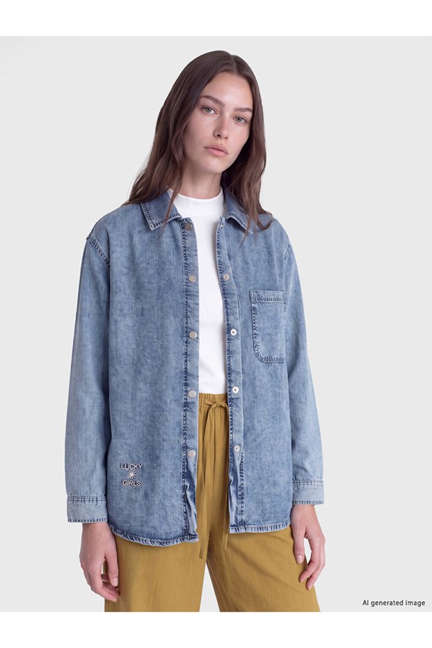 Ozmarka New Season Indigo Shirt Collar Oversize Women's Jean Tunic