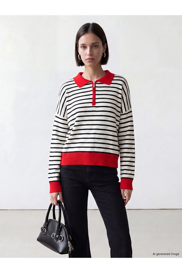 Lcw Modest Red Polo Collar Striped Women's Knitwear Sweater