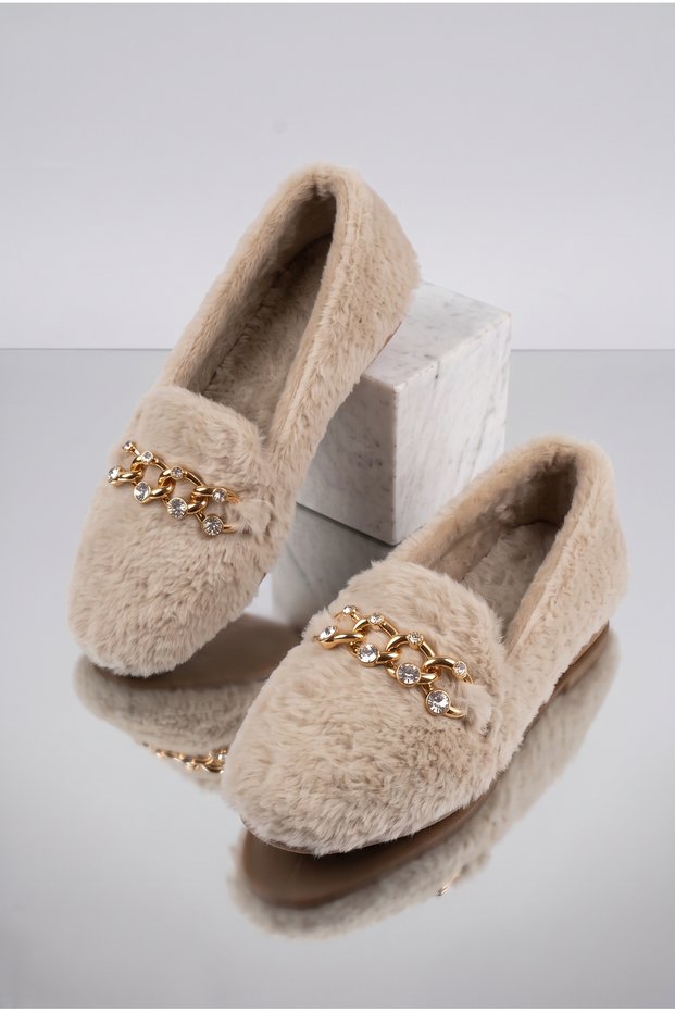 Women's Plush Home Ballerinas with Gold Chain and Stone Accessories, Closed Loafers with Soft Soles, Comfortable Winter Ballerinas
