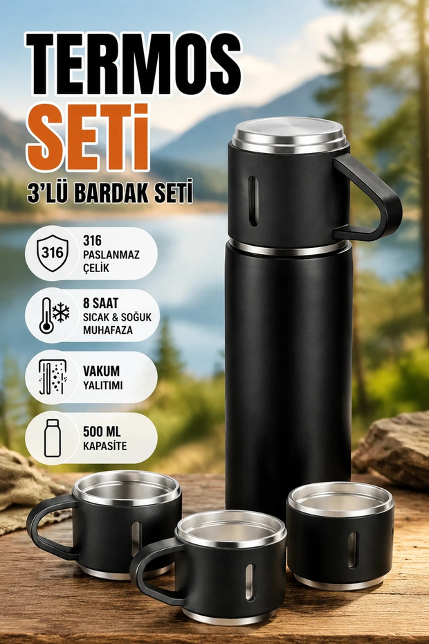 3-Piece Black Thermos and Cup Set 500 ml – 316 Stainless Steel Vacuum Insulated
