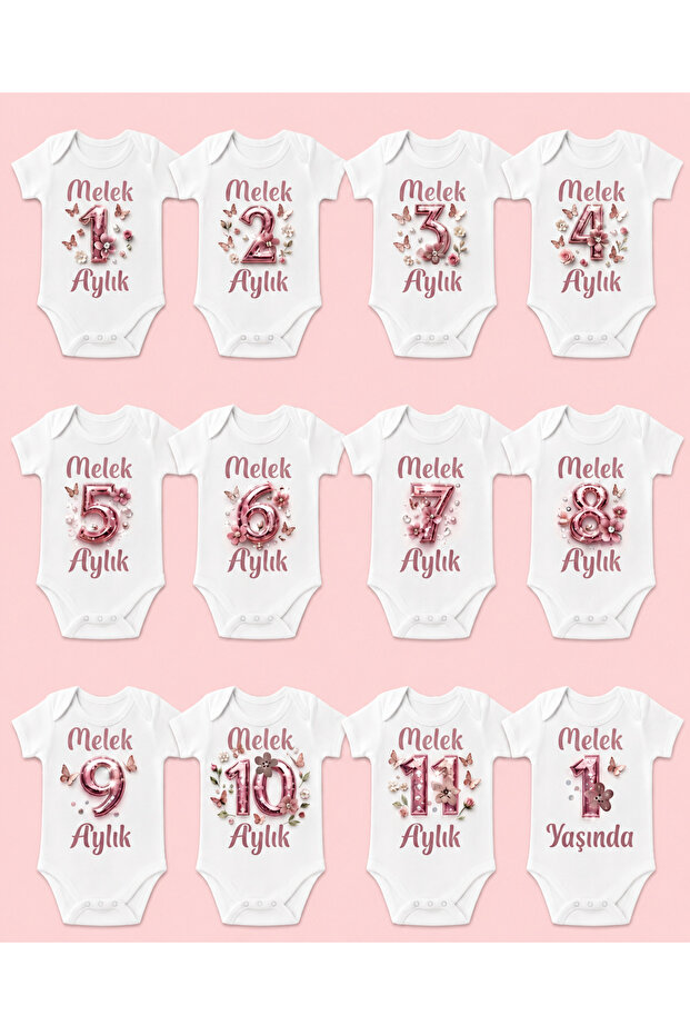 12-Piece Set of Special Printed Short-Sleeved Snap-On Baby Bodysuits with Names Printed on Them.