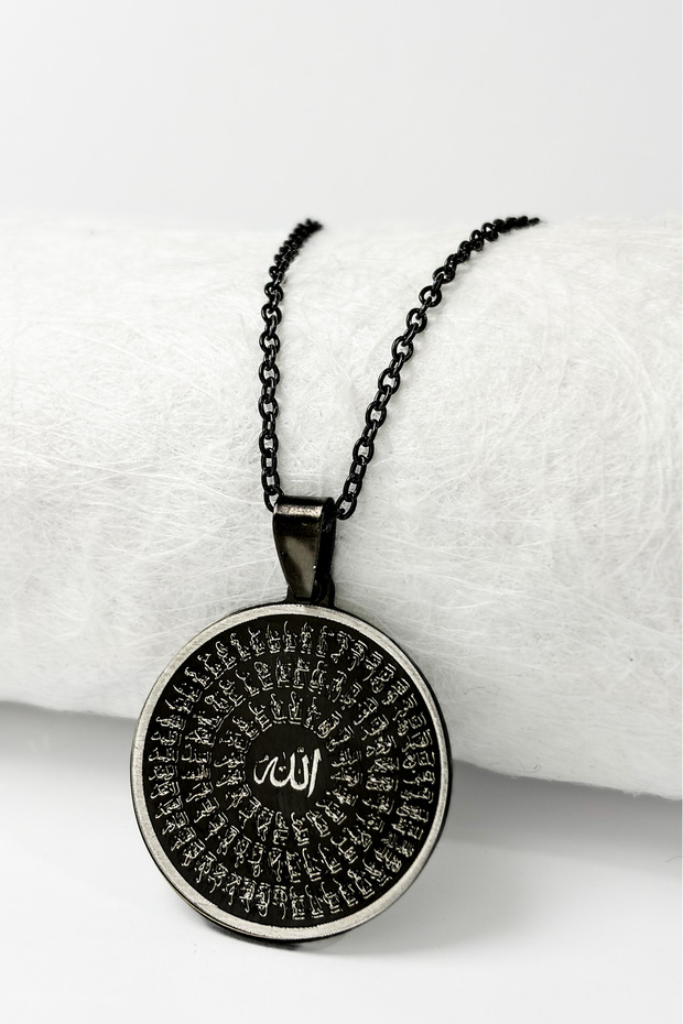 Black Colored 3 cm Double Sided Esmaül Hüsna & Hilye-I Şerif Stainless Steel Necklace 60 cm Chain