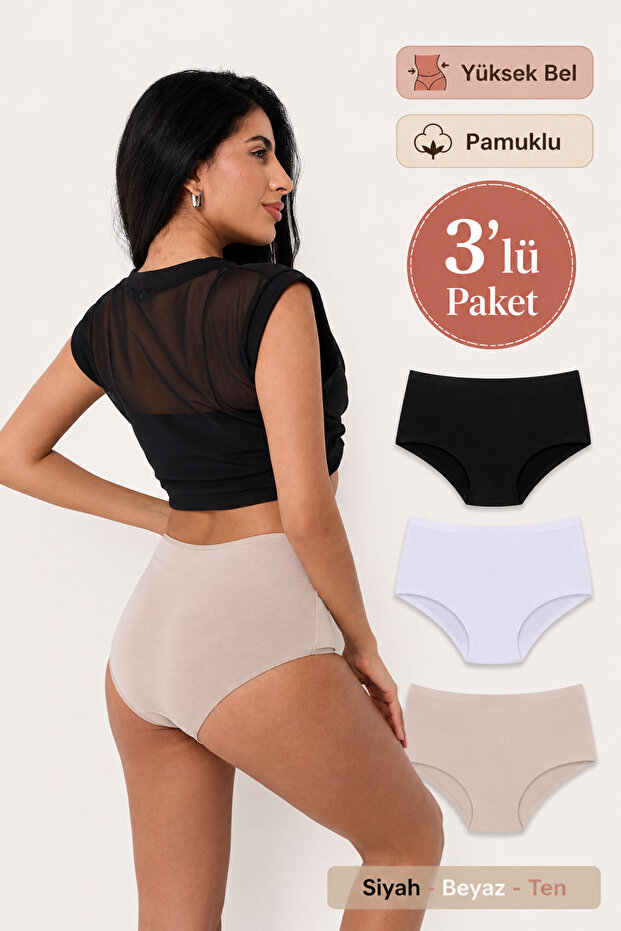 High Waist Women's Panties 3-Pack – Cotton Gathering Comfortable Flexible Cut