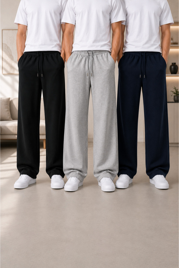 3 Pieces Men's Trendy Baggy Sweatpants (Black+Grey+Navy Blue)