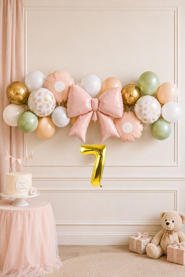 7 Years Old Gold Numbered Pink Bow Theme Latex Balloon Balloon Chain Set Set33 7 Years Old Birthday
