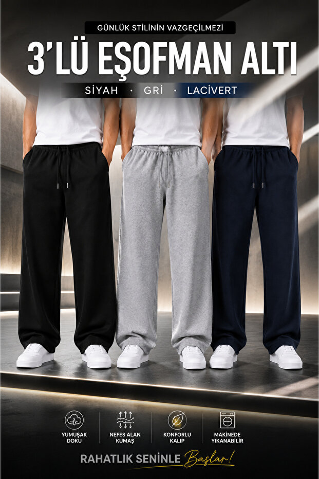 3 Pieces of Comfortable Fit Men's Sweatpants (Black+Grey+Navy Blue)