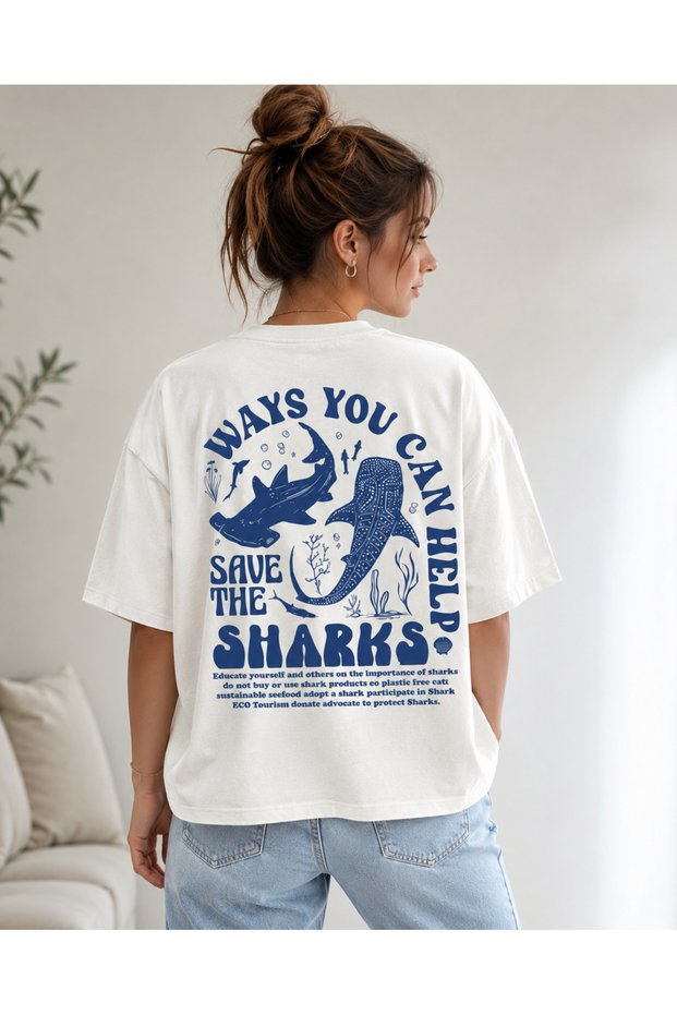 Shark Double-Sided Printed Oversize T-Shirt Unisex 80% Cotton Boxy Fit Streetwear T-Shirt Thick Textured