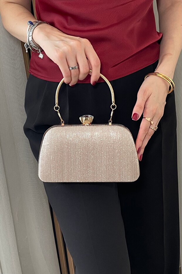 Women's Gold Evening Dress Bag - with Stone Buckle, Chain Strap