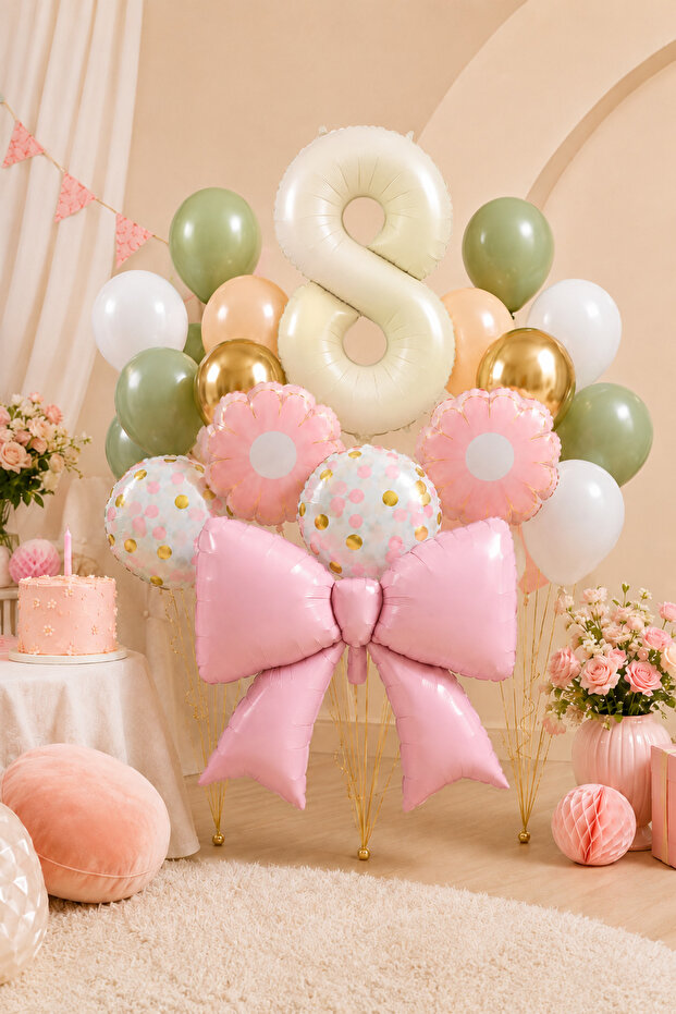 8 Years Old Retro Cream Pink Bow Concept Birthday Balloon Chain Set Set34