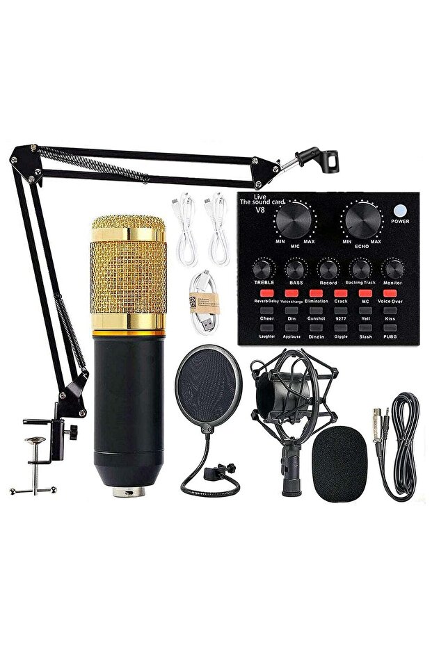 Condenser Microphone Kit With Live V8 Sound Card And Adjustable Mic Suspension Scissor Arm