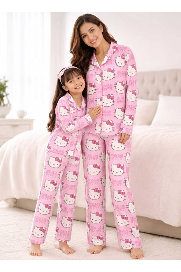 Mother Daughter Cotton Button-Down Long-Sleeve Combination Pajamas Set (the Price Is for One Set)