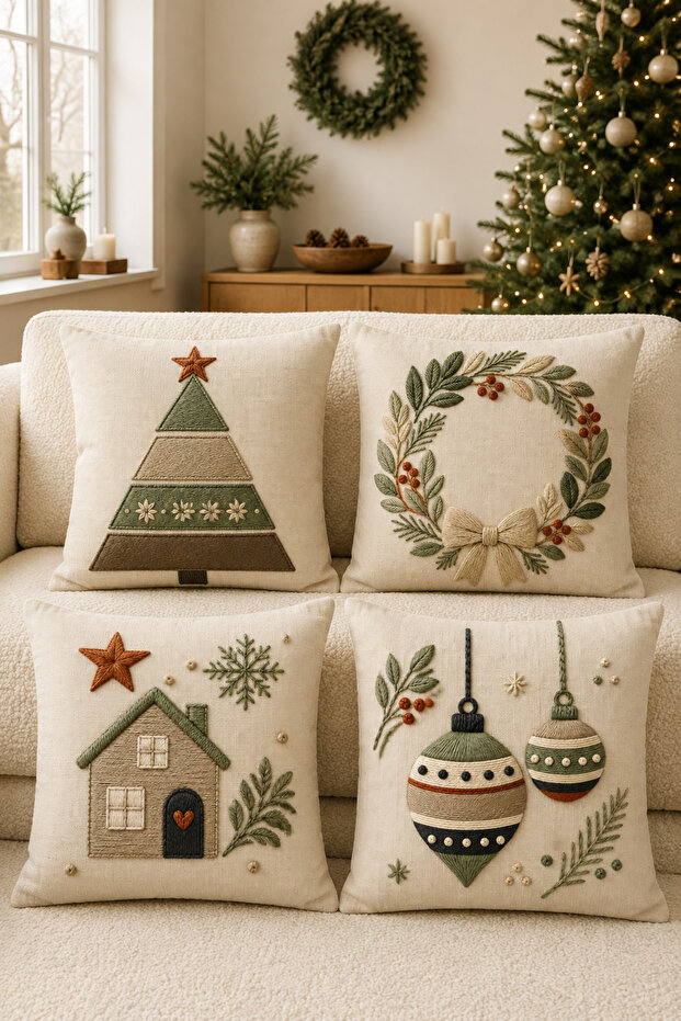 3D Embroidery Look Digital Printed Pine Tree, Christmas Wreath and Christmas Ornaments Patterned Throw Pillow Cover– (Double-Sided)