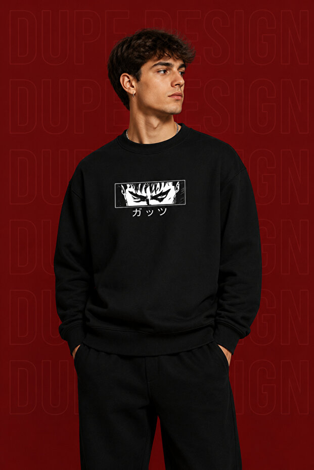 Berserk Anime Eye Printed Black Oversize Sweatshirt Unisex Japanese Style Crew Neck