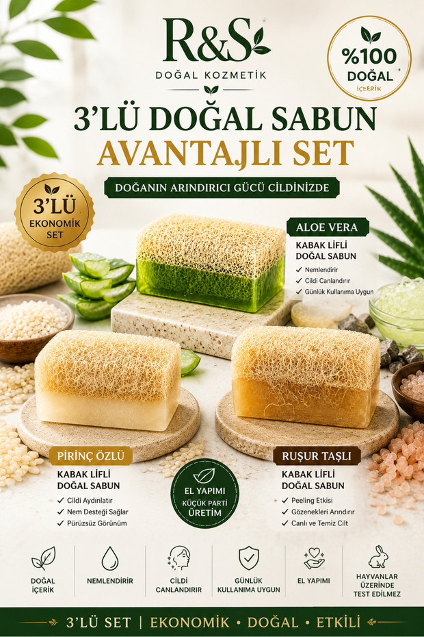 3-Piece Pumpkin Fiber Soap Set - Aloe Vera + Rice Extract + Rushur Stone Exfoliating Bath Soaps