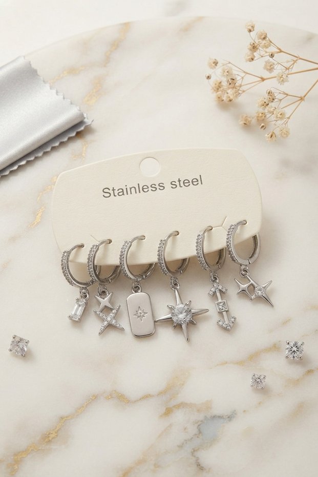 Silver Steel Pole Starry Women's Earring Set for Elegant Ears