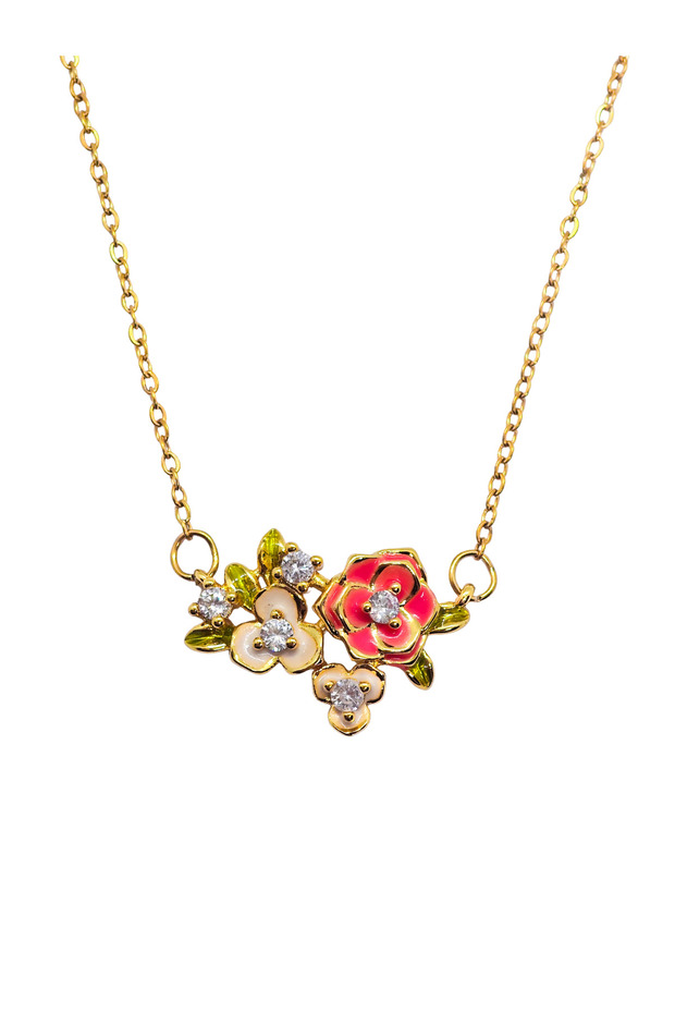 Women's Zircon Stone Enamel Flower Necklace with Gold Color Steel Chain, Elegant and Stylish Design