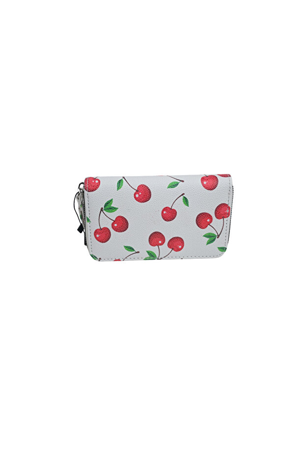 Duki Daso White Cherry Patterned Women's Wallet with Wrist Strap, Zipper, Multi-Compartment Card Holder | Summer N4345 B