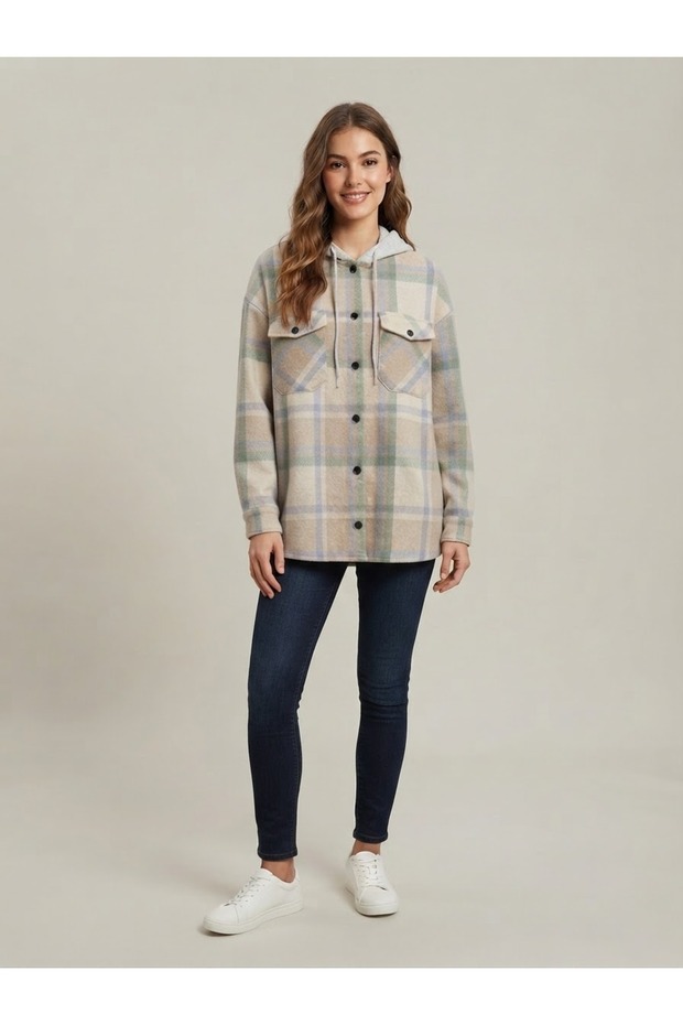 Beige Blue Green Plaid Hooded Oversized Lumberjack Shirt / Jacket