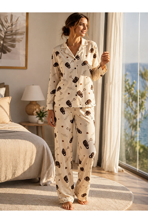 Women's Coffee Cup Patterned Front Buttoned Shirt Collar Long Sleeve Pajama Set
