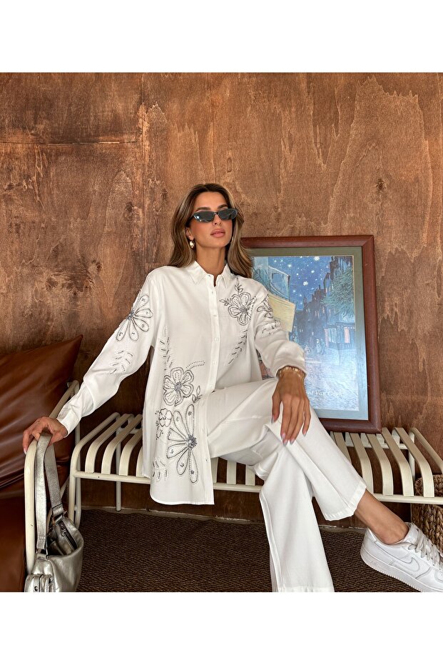 Women's Shirt with Bead Embroidery on Front and Sleeves, Standard Pants Size Suit