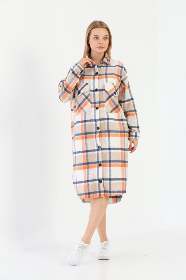 • Beige, Orange, and Navy Blue Plaid Patterned Long Lumberjack Shirt / Jacket