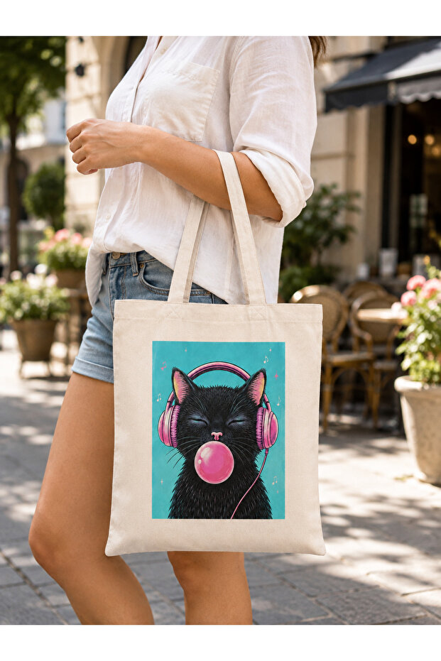 Chewing Gum Inflating Cat, Raw Cloth Bag, Sublimation Printing, Shoulder Bag, Shopping Bag