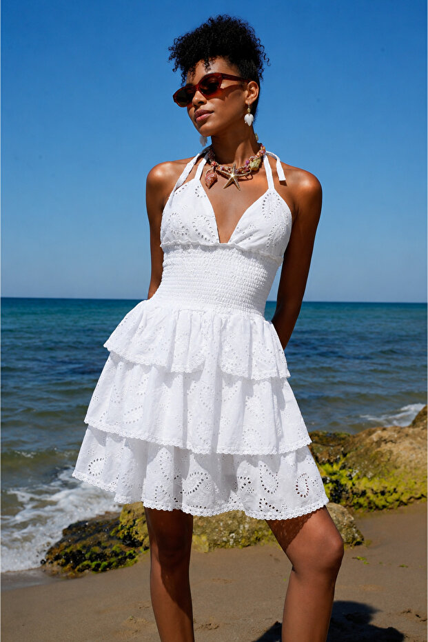 Thin Straps Lined Non-See-Through Imported Fabric Brode Scallop Dress