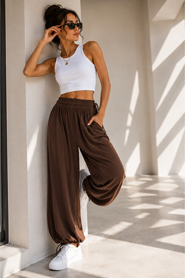 Side-Tied Draped Viscose Knitted Mixed Brown Shalwar Trousers
