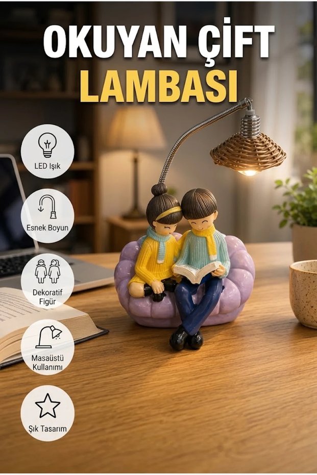 Decorative Led Night Light Resin Table Lamp with Reading Couple Figure