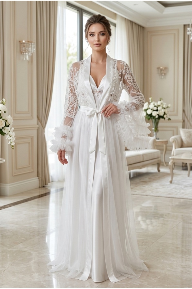 Primumt White Satin Nightgown and Lace Long Dressing Gown Bridal Set Honeymoon Set