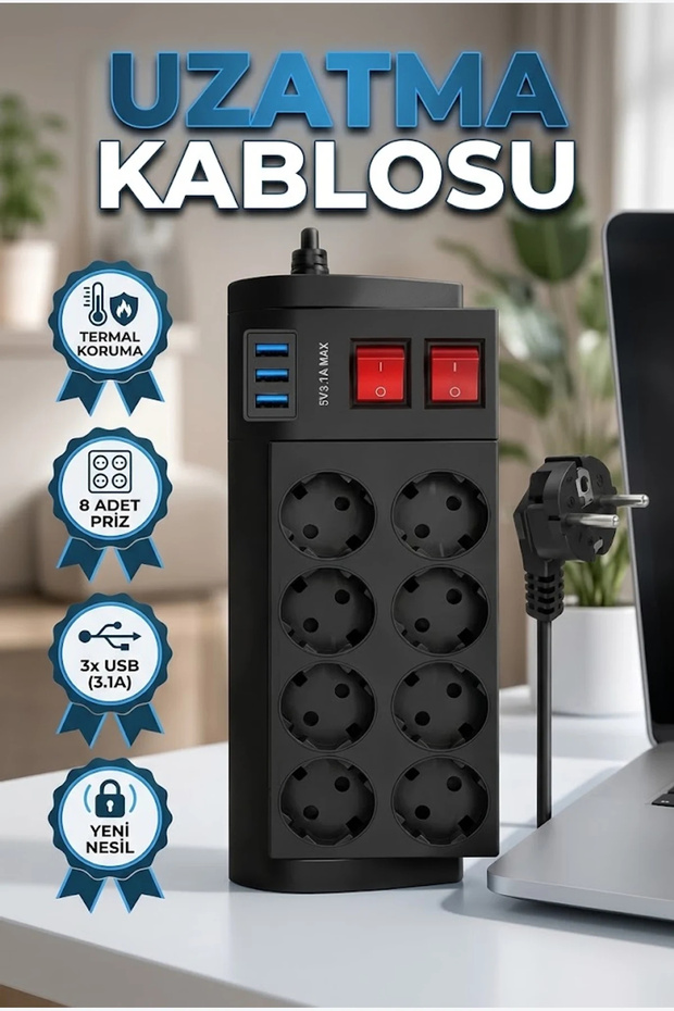 8 Sockets 3 USB Ports Thermal Protection Extension Cable 4000W 16A Multi-Socket