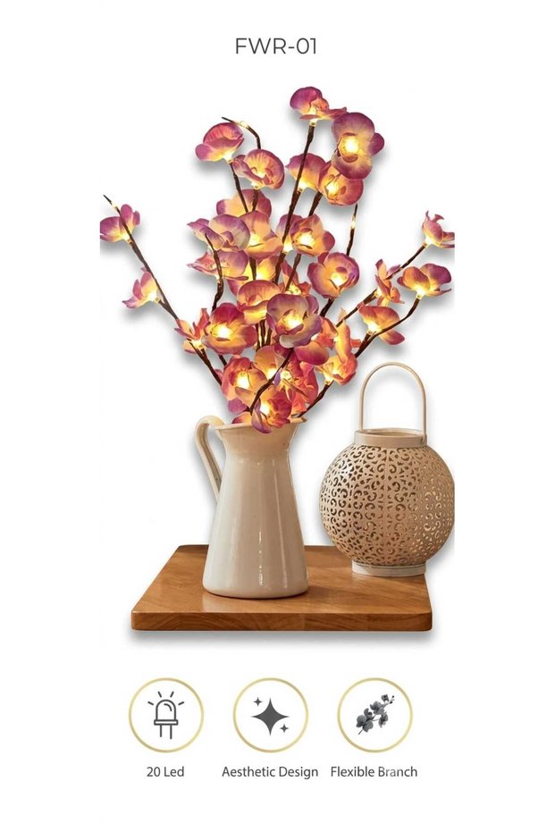 Illuminated Artificial Orchid Tree Branch - 20 Led Daylight Decorative Night Light & Tabletop Lighting