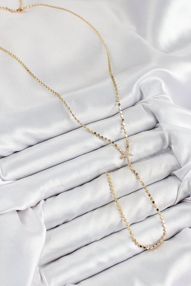 Sea Star Y Necklace with Golden Brass Zircon Crushed Chain for Elegant Woman