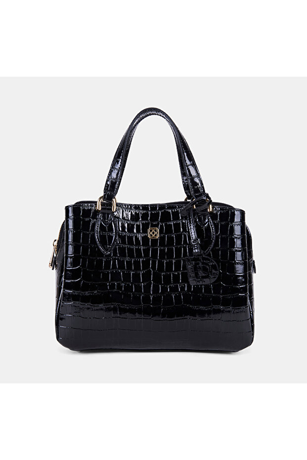 Women's Black D Logo Crocodile Printed Patent Leather Handbag