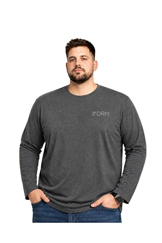 Men's Large Size Anthracite Form Printed Long Sleeve T-Shirt 3Xl-4Xl-5Xl-6Xl