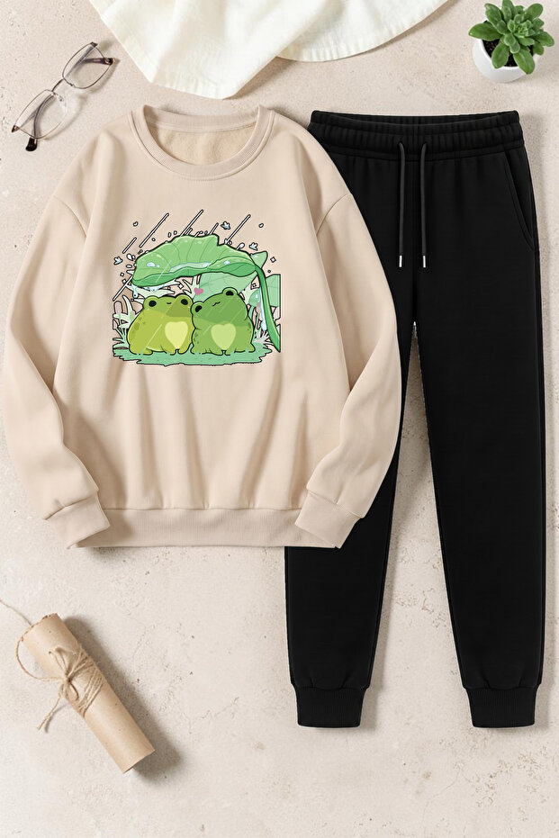 Unisex Cute Frogs Design Printed Crew Neck Sweatshirt - 2-Piece Tracksuit Set