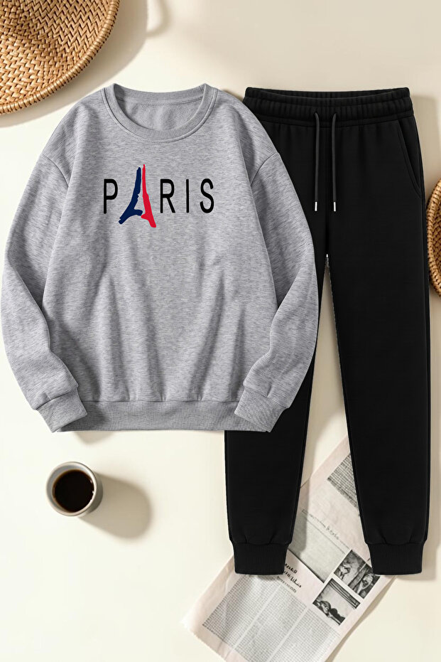 Unisex Design Printed Crew Neck Sweatshirt - 2-Piece Tracksuit Set
