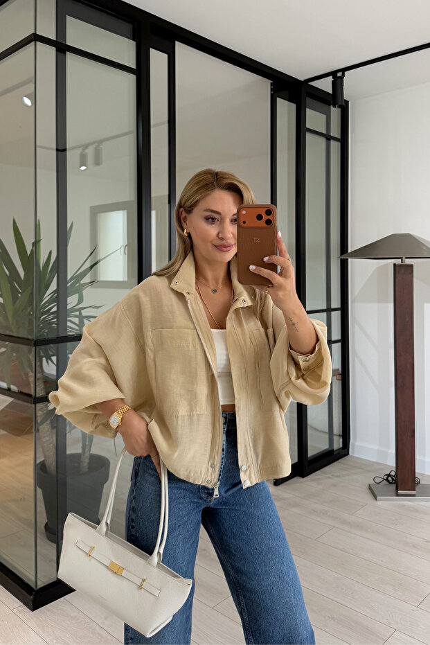 High Collar Oversize Stone Zipper Jacket