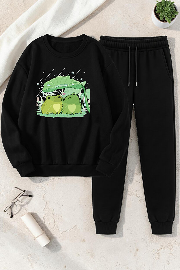 Unisex Cute Frogs Design Printed Crew Neck Sweatshirt - 2-Piece Tracksuit Set