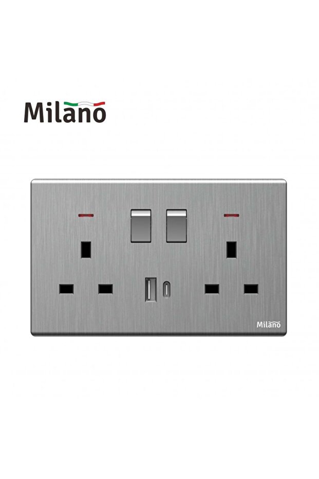 13A Dual Socket With Neon With Usb Type A+C, Double Pole Aura Silver