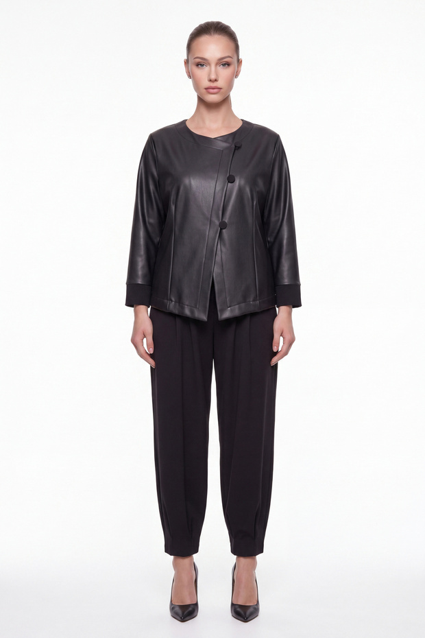 Women's Black Seasonal Faux Leather Asymmetrical Button Detailed Top and Bottom Set