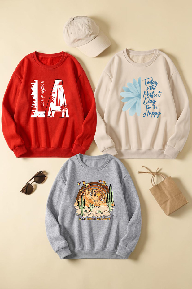 Unisex Mixed Printed Crew Neck Sweatshirt Set – Pack of 3