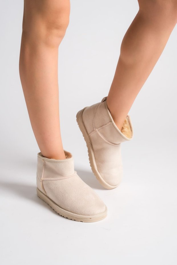 Jolie laceless flat sole fur lined short suede women's boot skt - cream
