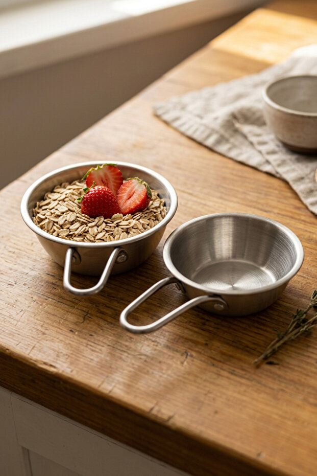 Metal Multi-Purpose Small Round Bowl with Handle Set of 2 11 cm and 12.5 cm