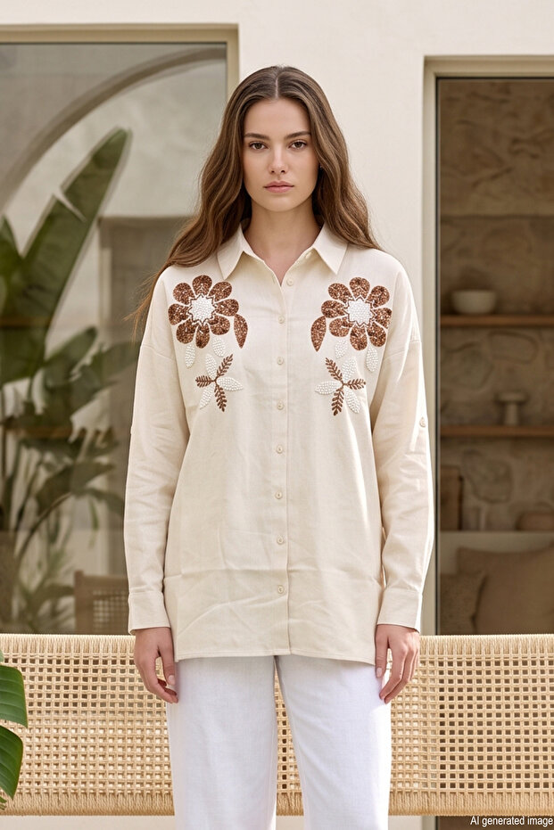 Embroidery and Sequin Detailed Shirt 17409 Beige06