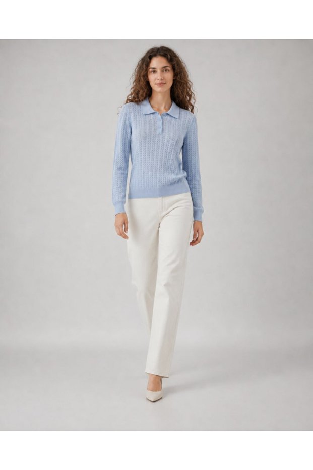 Polo Neck Buttoned Openwork Knit Patterned Long Sleeve Slim Knitwear Sweater Aw26Kz00017