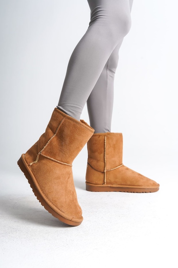 Selina laceless flat sole fur inside suede women's boots - tan