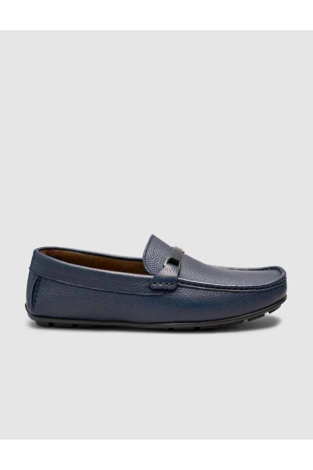 Romatas Navy Blue Buckle Men's Loafer Leather Shoes