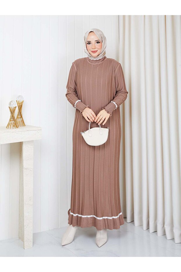 White Stripe Stone Detailed Knitwear Dress Tan